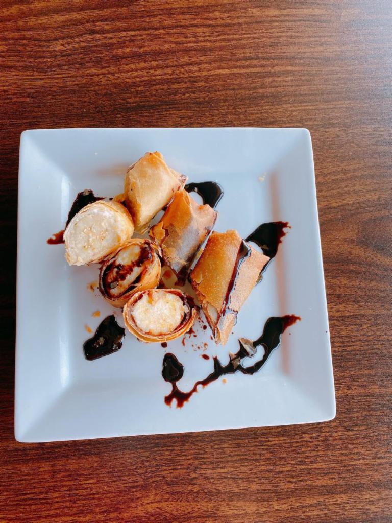 Banana rolls  · Include 3 banana rolls filled with cream cheese chocolate. Served with chocolate sauce. Very rich and delicious 