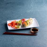 10 Piece Rainbow Roll · Eel and tempura crunch wrapped with yellowtail, tuna, salmon and avocado.