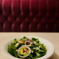 House Salad · Romaine, tomato, feta cheese, English cucumber, balsamic vinaigrette dressing, red onion, bl...