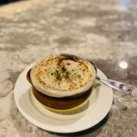 French Onion Soup Cup · Soup that is made with stock, onions, and covered with either cheese, bread, or croutons.