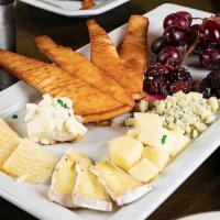 Cheese Platter · Assortment cheese of Gouda, Brie, ricotta, Gorgonzola, Parmesan, fresh grapes, fried pita br...