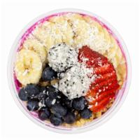 The O.G.L.C. Pitaya Bowl · Pitaya, banana, coconut, vanilla and almonds mylk. Toppings: granola, strawberry, banana, bl...