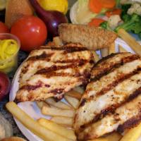 Char Platter · Our boneless, skinless chicken breast grilled to perfection. Served with 2 sides, a salad an...