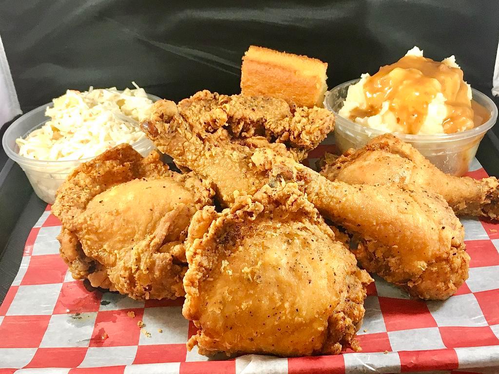 Fried Chicken Thigh and Leg Platter · Served with 2 sides, a salad and a roll with butter.