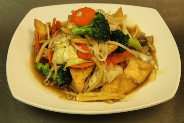 37. Mixed Vegetable Vegan · Stir-fried broccoli, carrot, cabbage, baby corn, bean sprouts, bamboo shoots, mushroom and tofu.  Served with jasmine rice.