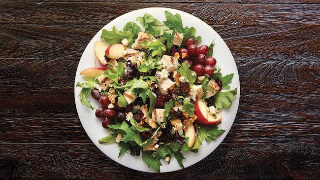 Nutty Mixed-Up SALAD · Grilled, 100% antibiotic-free chicken breast, organic field greens, grapes, feta, cranberry-walnut mix, organic apples, served with balsamic vinaigrette.