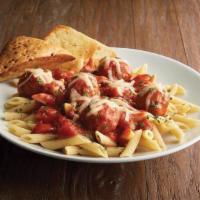 Penne Pasta & Meatballs · Penne pasta, meatballs, marinara, Asiago. Served with herb focaccia.