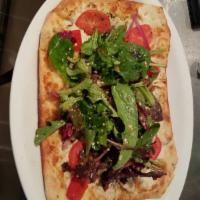 Peachtree Road Flatbread  · Grilled chicken breast sliced thin and topped with red onions, tomatoes, roasted red peppers...