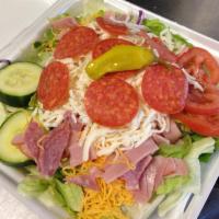 Chef Salad · A generous tossed salad with slices of pepperoni, ham, salami, cheddar and mozzarella cheese...