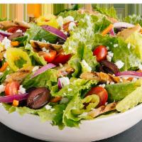 Greek Salad · Fresh romaine lettuce, grilled chicken, banana peppers, carrots, tomatoes, Kalamata olives, ...