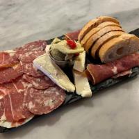 Salumi and Cheese Board · Soppressata, hot coppa, prosciutto, assorted olives, sweet peppers, marinated artichokes, as...