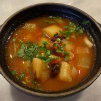 Minestrone Soup · Carrots, celery, onions, potatoes, veggies of the season, garbanzo beans, kidney beans, hous...