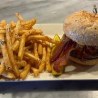 Calabrese Burger · Certified Angus beef, spicy BBQ sauce, cheddar cheese, bacon, calabrese peppers, fried caram...