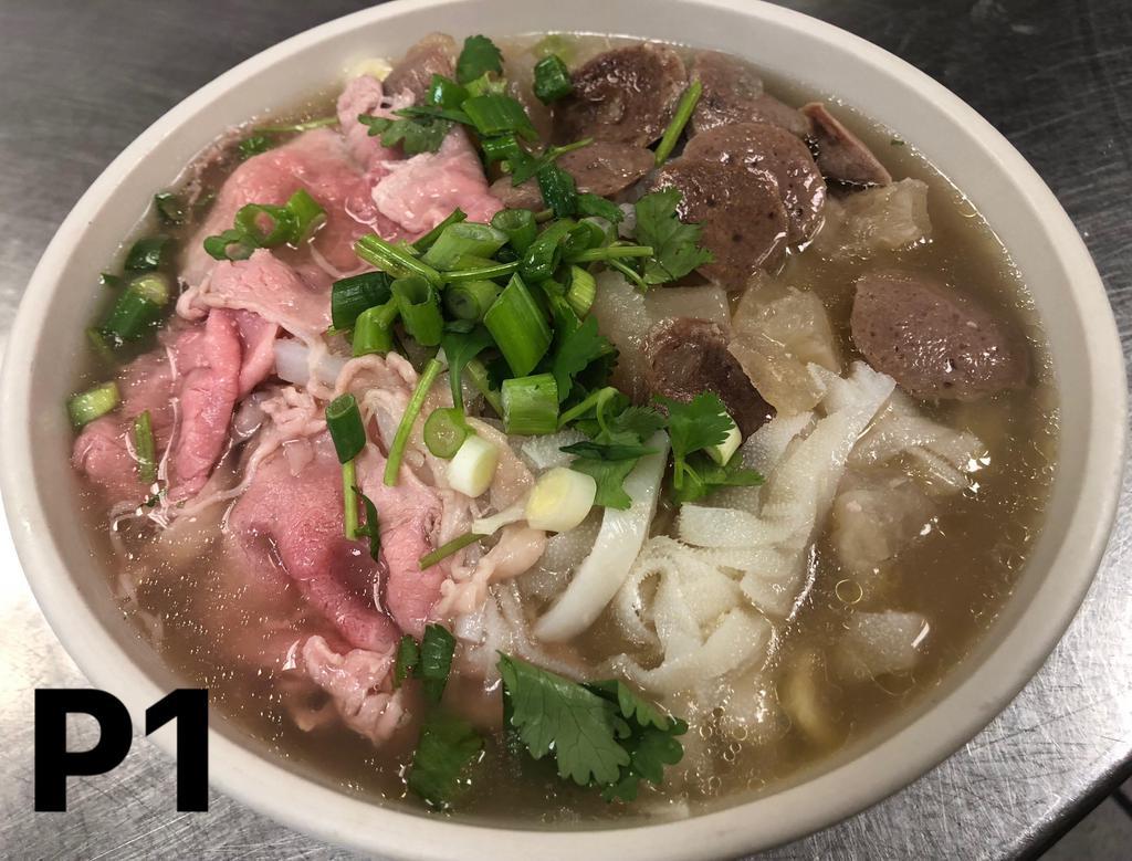 P1. House Special Pho · Rare steak well done, meatball, tendon and tripe.