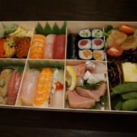 Omakase  · Chef’s special selection of 12 sushi. Sashimi, salad with seared hotate, tamagoyaki, edamame...
