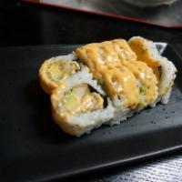 Chicken tempura roll · Deep-fried chicken, masago, avocado, cucumber and spicy mayo. 