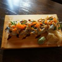 Spider Roll · Softshell crab, mixed salad, avocado, cucumber, masago, with spicy mayo and eel sauce over. 