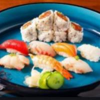 Sushi Deluxe · 10 piece nigiri and 1 roll. serve with miso soup and choice of salad or rice