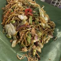 Veggie Yakisoba · Soba noodles, Asian cabbage, carrots, onions, edamame, peas and mushrooms.