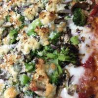 Veggie Pizza · Fresh mushroom, green peppers, onions, eggplant, garlic, black  olives, tomatoes and mozzare...