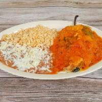 Chile Relleno Plate · Served with rice, beans and tortillas.