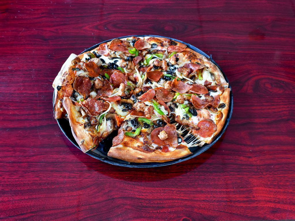 A. Bambino's Special Pizza · Cheese, mushrooms, pepperoni, Italian sausage, salami, olives, bell peppers and onions.