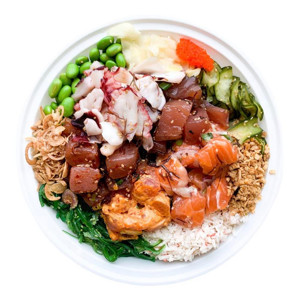 King Size Poké Bowl · Named after King Kamehameha, this bowl is fit for royalty! 48oz bowl with five choices of poke (3oz each, 15oz total)