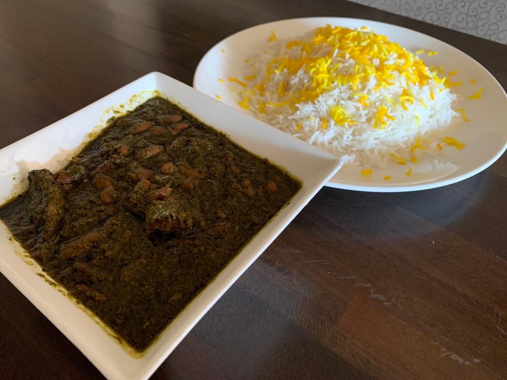 15. Ghormeh Sabzi Stew · Halal. Chef's signature stew. Sautéed fresh few herbs (parsley, leek, cilantro) cooked with red kidney beans and diced beef. Served with basmati rice.