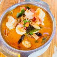 31. Tom Yum Goong (Shrimp) · Serves 2-3. Mildly spicy and sour lemongrass soup with shrimps, galanga roots, kaffir lime l...
