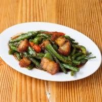 50. Spicy Green Bean with Crispy Pork Belly · Pork belly stir fried with home-made red curry paste with bell peppers. Spicy. Gluten free. ...