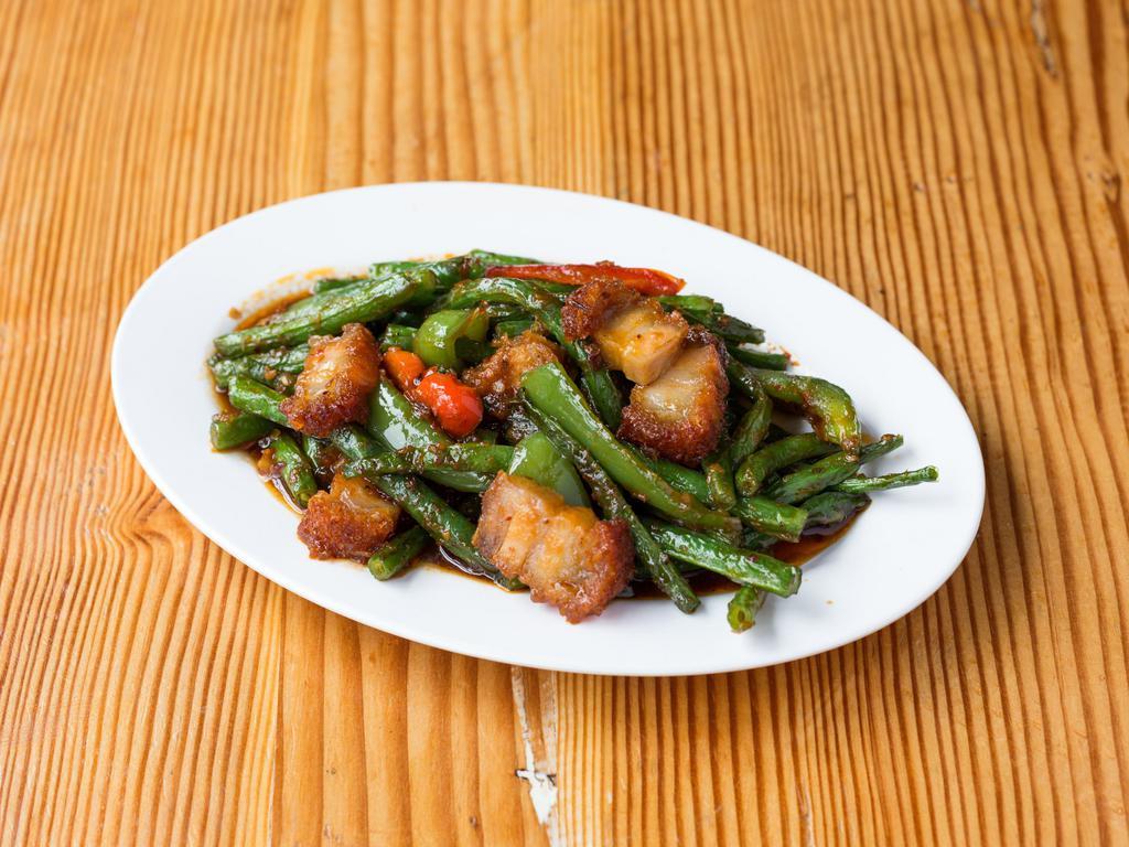 50. Spicy Green Bean with Crispy Pork Belly · Pork belly stir fried with home-made red curry paste with bell peppers. Spicy. Gluten free. Contains tofu and fish sauce.