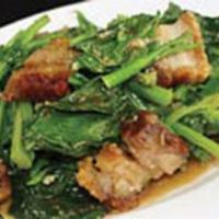 51. Chinese Broccoli with Crispy Pork Belly · Pork belly stir fried with Chinese broccoli and garlic. Gluten free.