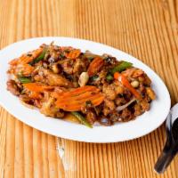 52. Pad Prik Pow Crispy Chicken · Crispy chicken stir fried with shallots, bell pepper, carrots, green onions, and roasted pea...
