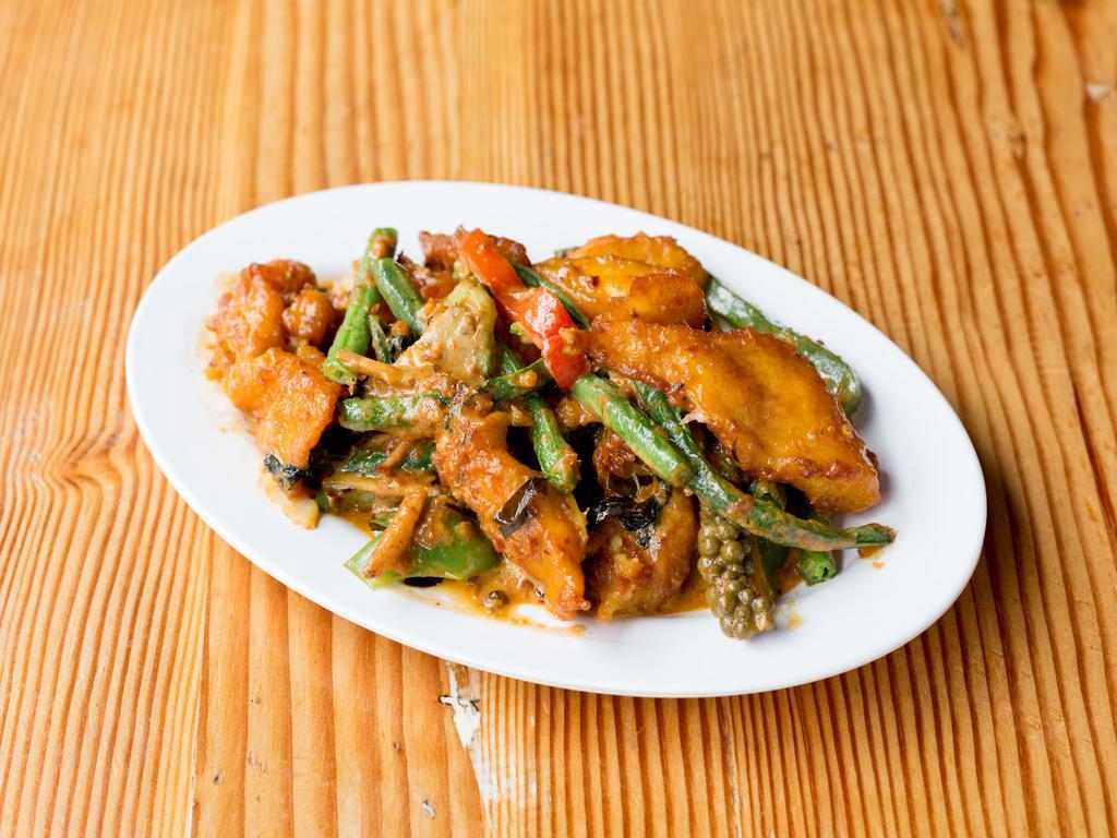 53. Pad Char Pla · Thai catfish lightly battered in rice flour and deep fried with fresh chili wild ginger, green beans, Thai eggplants, holy basil, and evaporated milk. Spicy. Gluten free. Contains dairy.