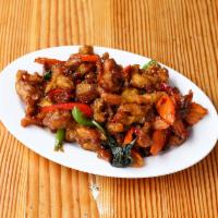 54. Spicy Crispy Chicken Basil · Lightly battered in rice flour and deep fried then stir fried in our special sauce, bell pep...