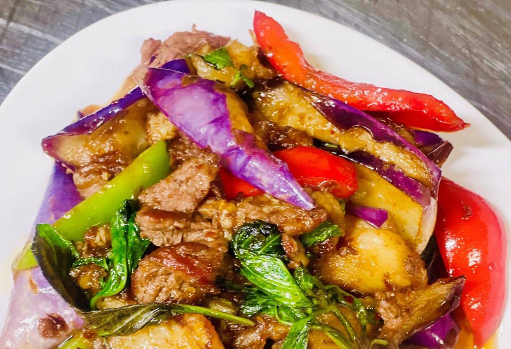 55. Spicy Eggplant with beef · stir fried eggplant, beef, basil and bell pepper
