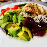 ABC (avocado beet chicken) Salad · Fresh spring mix, avocado, tomato, chicken, beets and blue cheese.
