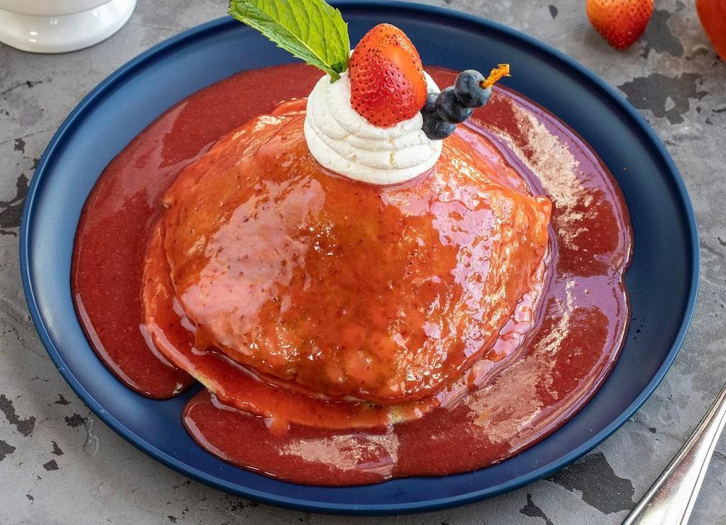 Strawberry Shortcake Pancake · Strawberry compote with whipped cream.