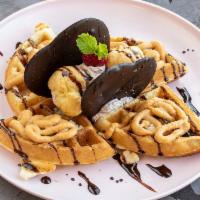 Chantilly Waffle · Chantilly sauce, chocolate mousse, cream puffs, chocolate sauce, macadamia nuts.