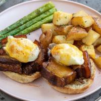 BAE Benedict · Seared pork belly, English muffin, poached eggs, bacon hollandaise.