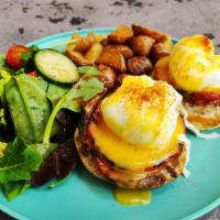 Classic Benedict · Canadian bacon, poached eggs, English muffin, hollandaise.