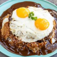 Hawaian Loco Moco · Hamburger patty, brown gravy, rice, 2 eggs any style. Substitute fried rice or chee fried ri...