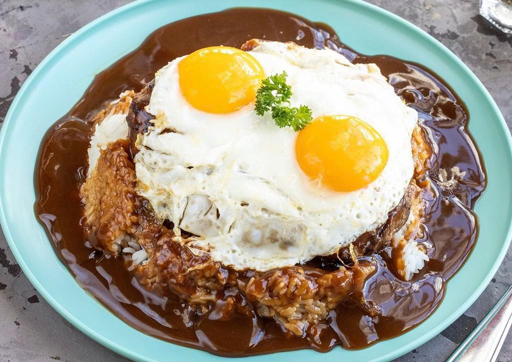 Hawaian Loco Moco · Hamburger patty, brown gravy, rice, 2 eggs any style. Substitute fried rice or chee fried rice for an additional charge.