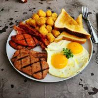 Big Breakfast Combo · Portuguese sausage, spam, bacon, rice or house potatoes, wheat or white toast, 2 eggs any st...