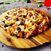 Combination Pizza · Cheddar cheese, sausage bell pepper, zucchini, tomatoes, onions, mozzarella cheese.