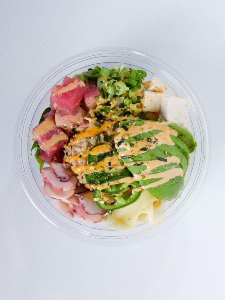Small Poke Bowl (2 Scoop)  · 2 Scoops of Protein, Choice of Base, Sauce, Toppings, & Garnish.