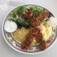 Shrimp Kabobs Plate · Twelve shrimp served with rice pilaf and salad. Served with pita bread.