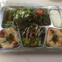 Veggie Sampler · Hummus, baba ghannouj, two falafel, two dolmas, tabouleh salad, Greek salad, and tzatziki. S...