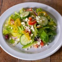 Greek Salad · Romaine, Roma tomato, Kalamata olives, banana peppers, English cucumbers, red onion, feta wi...