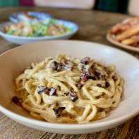 Fettuccine Ai Funghi · Roasted cremini, black trumpet ＆ porcini mushrooms, mascarpone cheese, mixed herbs. Vegetarian